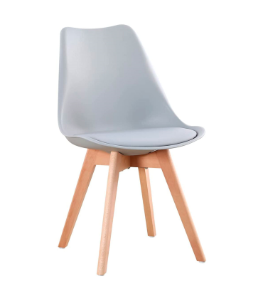 Tradineur- Silla con cojín, patas de madera y asiento de plástico gris 81 x 46 x 53 cm, estilo nórdico, interior, diseño escandinavo, comedor, oficina, sala de estar, cocina