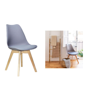 Tradineur- Silla con cojín, patas de madera y asiento de plástico gris 81 x 46 x 53 cm, estilo nórdico, interior, diseño escandinavo, comedor, oficina, sala de estar, cocina