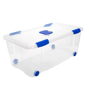 Tradineur - Caja de plástico nº7  transparente con ruedas de 31 x 73,2  x 41,2 cm, 61 litros, baúl con tapa, organización, hogar, arcón, fabricada en España