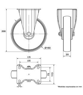 Tradineur - Rueda fija para muebles, hierro y goma, incluye placa de montaje, rueda de transporte para cargas pesadas, industrial, peso máx. 150 kg, Ø 160 mm