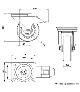 Tradineur - Rueda giratoria con freno para muebles, incluye placa de montaje, goma y hierro, rueda de transporte para cargas pesadas, industrial, peso máx. 150 kg, Ø 160 mm