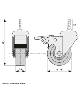 Tradineur - Rueda giratoria con freno y eje, muebles, incluye tornillo de montaje, goma y hierro, rueda de transporte para cargas pesadas, industrial, peso máx. 70 kg, Ø 100 mm