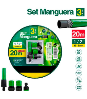 Tradineur - Manguera flexible de riego con accesorios, 3 capas, regar jardín, huerto, coche, labores agrícolas, 20 bar, Ø12 mm, 20 m