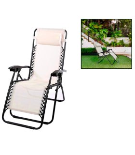 Tradineur - Tumbona plegable con reposabrazos y cojín reposacabezas, silla con respaldo regulable, multiposición, metal y tela, cómoda y resistente, máx. 110 kg, camping (Crema, 113 x 60 cm)