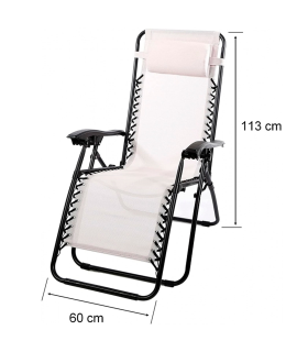 Tradineur - Tumbona plegable con reposabrazos y cojín reposacabezas, silla con respaldo regulable, multiposición, metal y tela, cómoda y resistente, máx. 110 kg, camping (Crema, 113 x 60 cm)