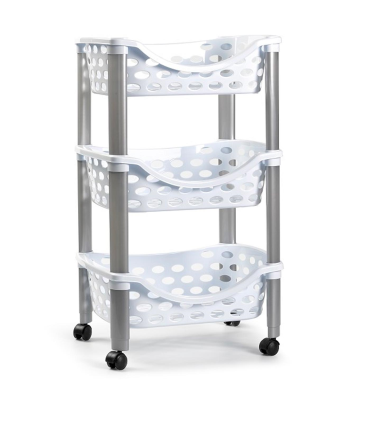 Tradineur - Carrito verdulero de plástico con 3 niveles y ruedas - PLFT Aire - Cestas apilables portaobjetos - 65 x 39,5 x 29,5 cm - Color Blanco con patas grises.