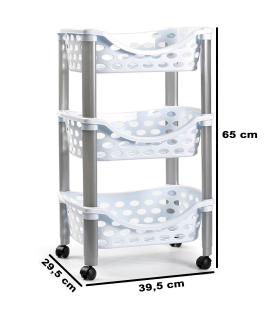 Tradineur - Carrito verdulero de plástico con 3 niveles y ruedas - PLFT Aire - Cestas apilables portaobjetos - 65 x 39,5 x 29,5 cm - Color Blanco con patas grises.