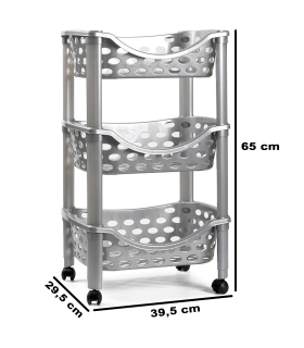 Tradineur - Carrito verdulero de plástico con 3 niveles y ruedas - PLFT Aire - Cestas apilables portaobjetos - 65 x 39,5 x 29,5 cm - Color plateado con patas grises.