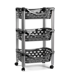 Tradineur - Carrito verdulero de plástico con 3 niveles y ruedas - PLFT Aire - Cestas apilables portaobjetos - 65 x 39,5 x 29,5 cm - Color Gris oscuro con patas grises.