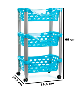 Tradineur - Carrito verdulero de plástico con 3 niveles y ruedas - PLFT Aire - Cestas apilables portaobjetos - 65 x 39,5 x 29,5 cm - Color azul con patas grises.