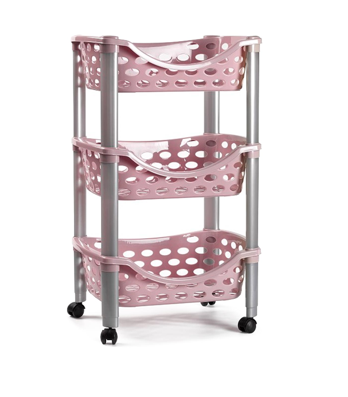 Tradineur - Carrito verdulero de plástico con 3 niveles y ruedas - PLFT Aire - Cestas apilables portaobjetos - 65 x 39,5 x 29,5 cm - Color Rosa con patas grises.