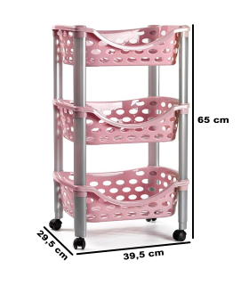 Tradineur - Carrito verdulero de plástico con 3 niveles y ruedas - PLFT Aire - Cestas apilables portaobjetos - 65 x 39,5 x 29,5 cm - Color Rosa con patas grises.