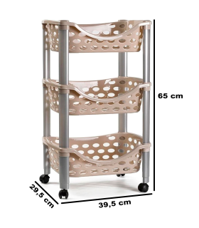 Tradineur - Carrito verdulero de plástico con 3 niveles y ruedas - PLFT Aire - Cestas apilables portaobjetos - 65 x 39,5 x 29,5 cm - Color Marrón con patas grises.