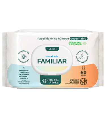 Tradineur - Papel higiénico húmedo desechable, formato familiar, biodegradable, apto para inodoro, WC, suave, hidratante, enriquecido con aloe vera y camomila, 60 uds