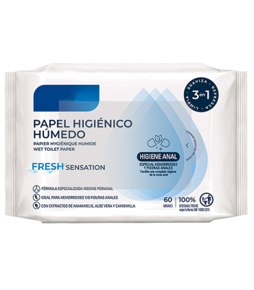 Tradineur - Papel higiénico húmedo desechable, fresh, biodegradable, apto para inodoro, WC, higiene perianal, enriquecido con hamamelis, aloe vera y camomila, 60 uds