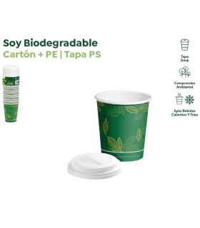 Tradineur - Pack de 25 vasos de cartón biodegradables con tapa drink, reciclables, bebidas calientes y frías, apilables, eco-friendly, 200 ml