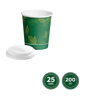 Tradineur - Pack de 25 vasos de cartón biodegradables con tapa drink, reciclables, bebidas calientes y frías, apilables, eco-friendly, 200 ml