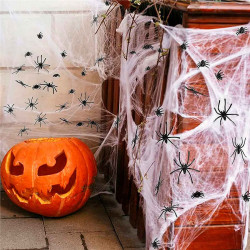 Tradineur - Telaraña con 2 arañas para Halloween, poliéster y plástico, tela de araña, decoración de interior, fiestas, celebrac