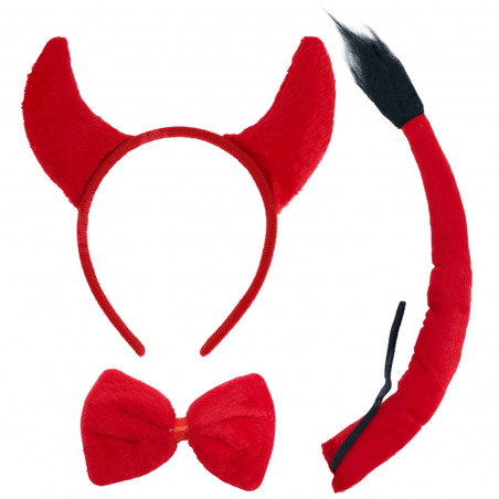 Tradineur - Set de demonio, diablesa, incluye diadema, pajarita y cola, complementos de disfraces, carnaval, Halloween, cosplay,