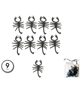 Tradineur - Pack de 9 escorpiones para Halloween, plástico, decoración de interior, fiestas, celebraciones (Negro - 7 cm)