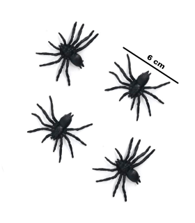 Tradineur - Pack de 4 arañas para Halloween, plástico, decoración de interior, fiestas, celebraciones (Negro - 6 cm)