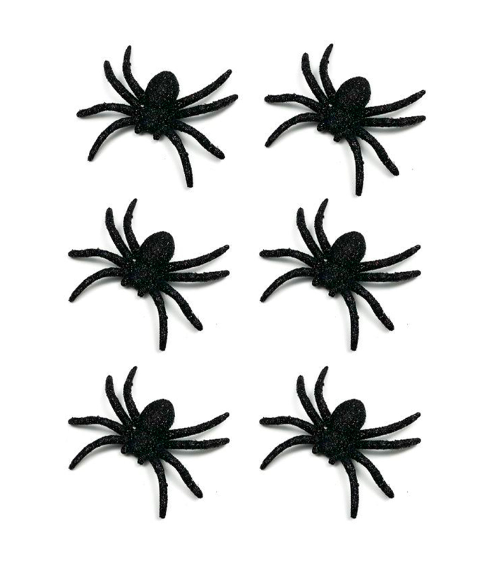 Tradineur - Pack de 6 arañas con glitter para Halloween, plástico, decoración de interior, fiestas, celebraciones (Negro - 7 cm)