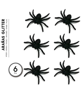 Tradineur - Pack de 6 arañas con glitter para Halloween, plástico, decoración de interior, fiestas, celebraciones (Negro - 7 cm)