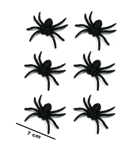 Tradineur - Pack de 6 arañas con glitter para Halloween, plástico, decoración de interior, fiestas, celebraciones (Negro - 7 cm)