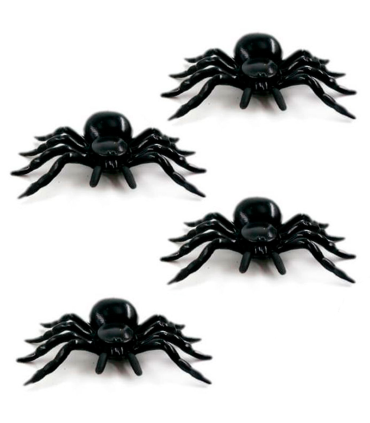 Tradineur - Pack de 4 arañas de Halloween, plástico, decoración de interior, fiestas, celebraciones (Negro - 11 cm)