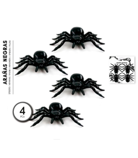 Tradineur - Pack de 4 arañas de Halloween, plástico, decoración de interior, fiestas, celebraciones (Negro - 11 cm)