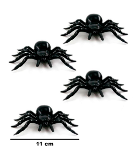 Tradineur - Pack de 4 arañas de Halloween, plástico, decoración de interior, fiestas, celebraciones (Negro - 11 cm)