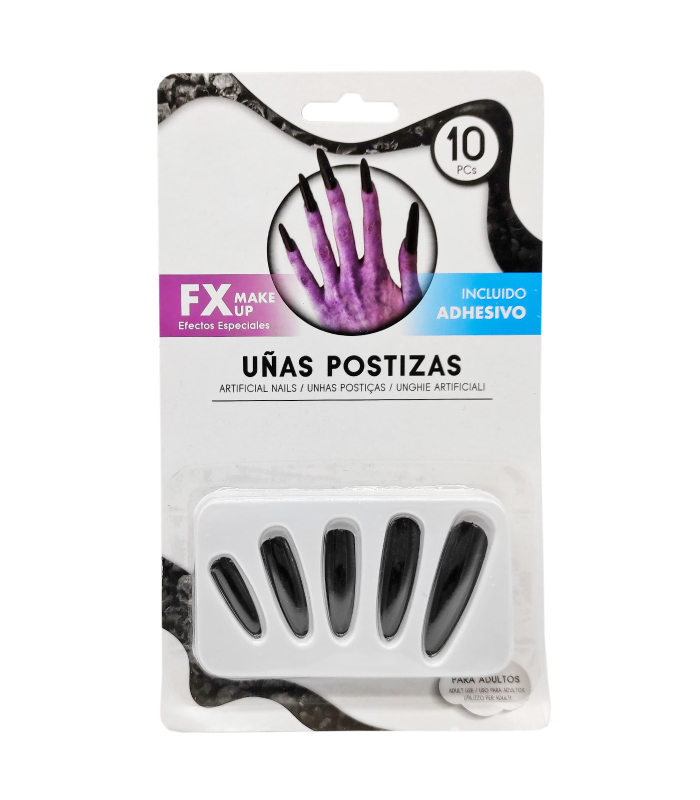 Tradineur - Pack de 10 uñas postizas de bruja, adhesivo incluido, complemento para disfraces de carnaval, Halloween, cosplay (Adulto, color aleatorio)