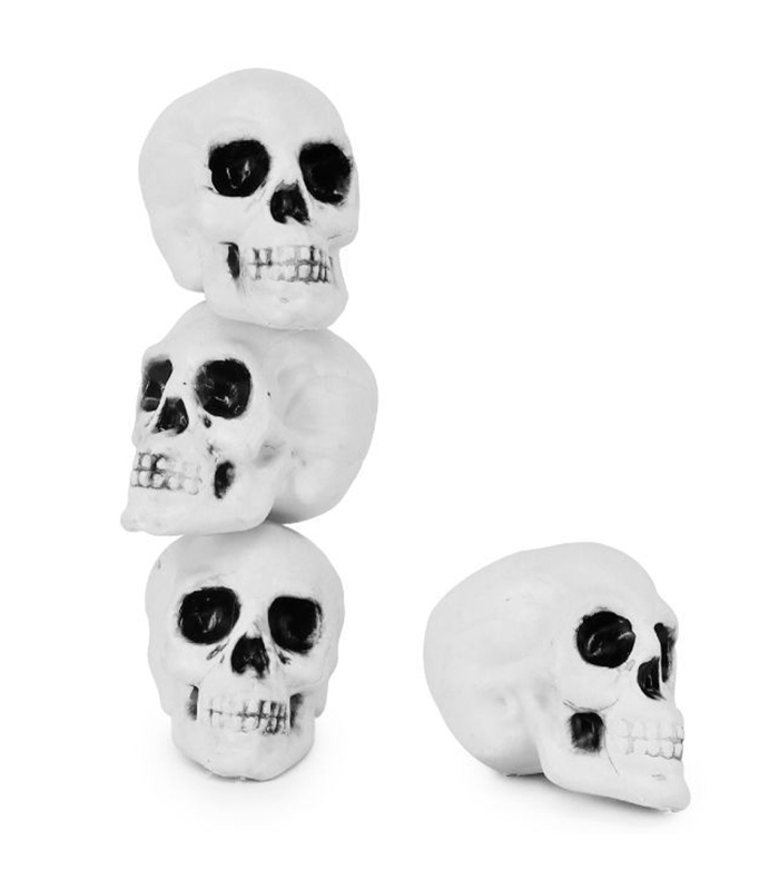 Tradineur - Pack de 4 calaveras para Halloween, plástico, cráneos, decoración de interior, carnaval, fiestas, celebraciones, 10 cm