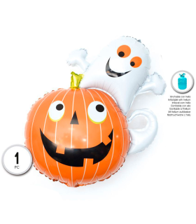 Tradineur - Globo de calabaza y fantasma, hinchable con helio, plástico, decoración de interior, carnaval, Halloween, fiestas, 80 x 64 cm