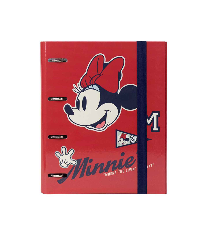 Tradineur - Carpeta / Archivador de Minnie Mouse de cartón resistente, con 4 anillas de metal, ideal para el curso escolar. Medidas 32,1 x 27 x 4 cm. Carpesano licencia oficial Disney