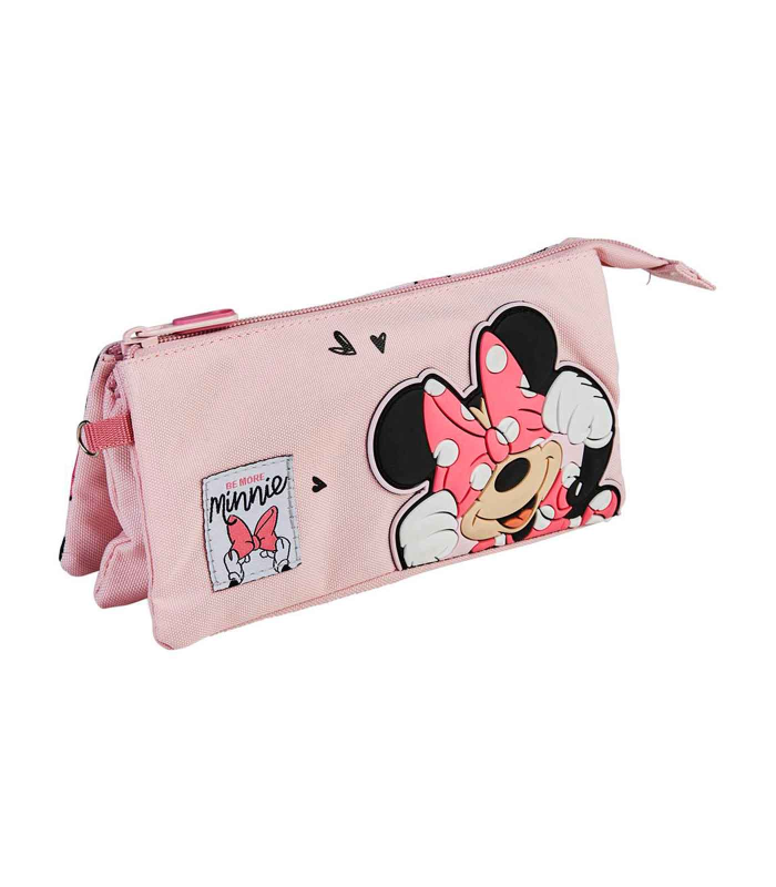 Tradineur - Estuche de 3 compartimentos ideal para el curso escolar de Minnie Mouse con caras de Minnie y cierre de cremallera. Medidas 22,5  x 11,5 cm. Portalápices Licencia Oficial Disney