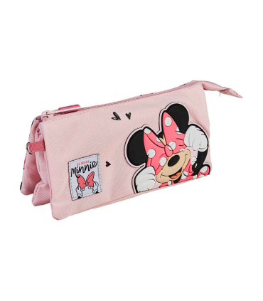 Tradineur - Estuche de 3 compartimentos ideal para el curso escolar de Minnie Mouse con caras de Minnie y cierre de cremallera. Medidas 22,5  x 11,5 cm. Portalápices Licencia Oficial Disney