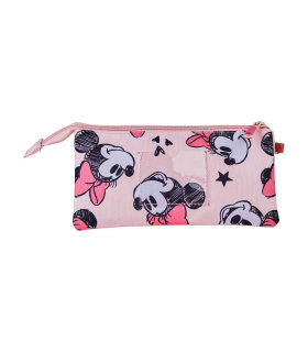 Tradineur - Estuche de 3 compartimentos ideal para el curso escolar de Minnie Mouse con caras de Minnie y cierre de cremallera. Medidas 22,5  x 11,5 cm. Portalápices Licencia Oficial Disney