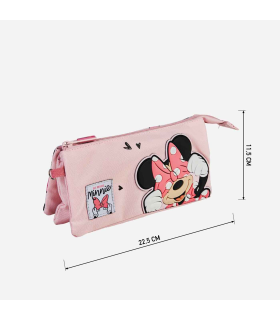 Tradineur - Estuche de 3 compartimentos ideal para el curso escolar de Minnie Mouse con caras de Minnie y cierre de cremallera. Medidas 22,5  x 11,5 cm. Portalápices Licencia Oficial Disney