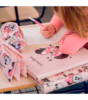 Tradineur - Estuche de 3 compartimentos ideal para el curso escolar de Minnie Mouse con caras de Minnie y cierre de cremallera. Medidas 22,5  x 11,5 cm. Portalápices Licencia Oficial Disney