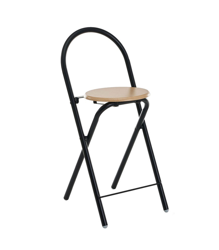 Tradineur -Taburete con respaldo de metal y asiento de madera MDF 83 x 36 x 39,5 cm, negro, banqueta, silla plegable, interior, cocina, bar, reposapiés y conteras antideslizantes, modelo aleatorio