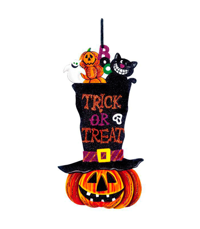 Tradineur - Colgante de calabaza Trick or Treat, cartón, decoración de interior, pared, carnaval, Halloween, fiestas, 40 x 22 cm