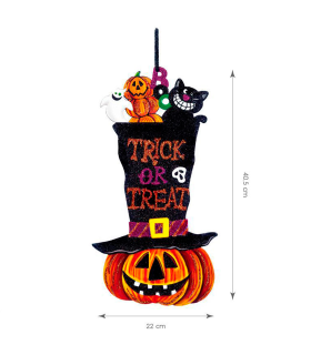 Tradineur - Colgante de calabaza Trick or Treat, cartón, decoración de interior, pared, carnaval, Halloween, fiestas, 40 x 22 cm