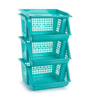 Tradineur - Verdulero apilable modelo PLFT color turquesa 3 cestas, 57 x 36 x 29 cm. Cestas portaobjetos apliables, estantes multiusos para organizar los espacios domésticos (PLUS)