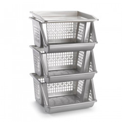Tradineur - Verdulero apilable modelo PLFT color plata/gris 3 cestas, 57 x 36 x 29 cm. Cestas portaobjetos apliables, estantes m