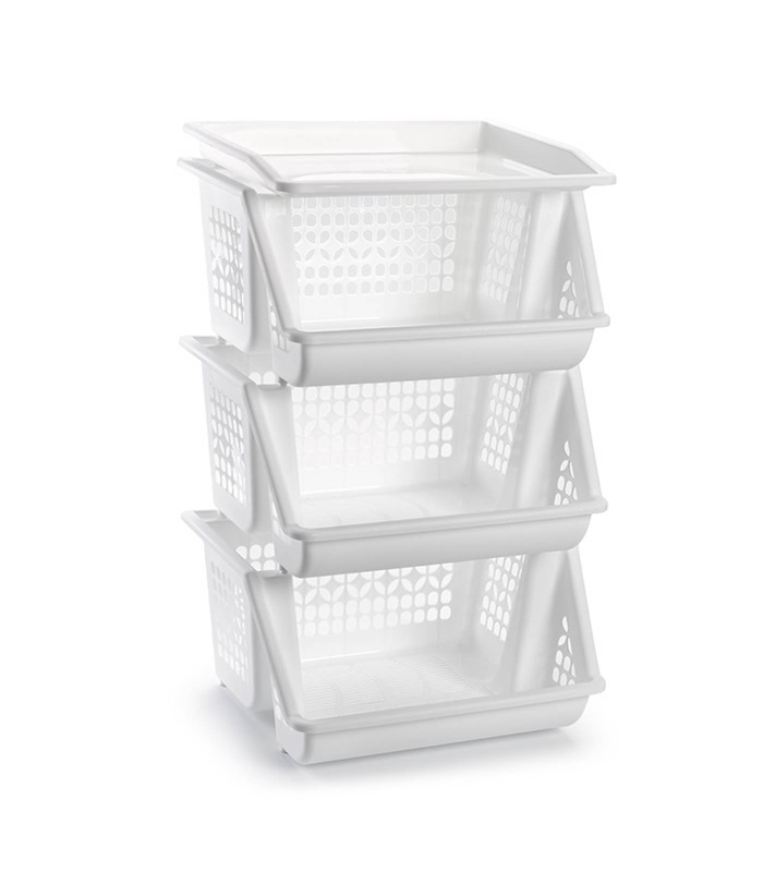 Tradineur - Verdulero apilable modelo PLFT color blanco 3 cestas, 58 x 38 x 29 cm. Cestas portaobjetos apliables, estantes multiusos para organizar los espacios domésticos (PLUS)