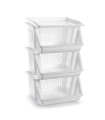 Tradineur - Verdulero apilable modelo PLFT color blanco 3 cestas, 58 x 38 x 29 cm. Cestas portaobjetos apliables, estantes multiusos para organizar los espacios domésticos (PLUS)