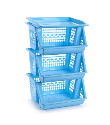 Tradineur - Verdulero apilable modelo PLFT color azul 3 cestas, 57 x 36 x 29 cm. Cestas portaobjetos apliables, estantes multiusos para organizar los espacios domésticos (PLUS)