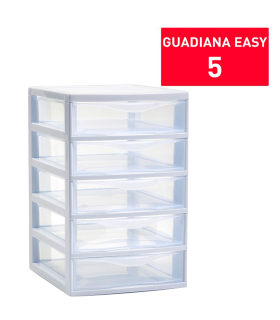 Tradineur - Cajonera guadiana de sobremesa, incluye 5 cajones transparentes, torre de almacenaje, armario, baño, oficina, fabricada en España (Blanco, 28 x 18 x 21,5 cm, modelo aleatorio)