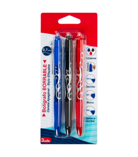 Tradineur - Pack de 3 bolígrafos borrables de colores, punta retráctil de 0,7 mm y grip de goma, escritura suave y precisa, uso escolar, oficinas